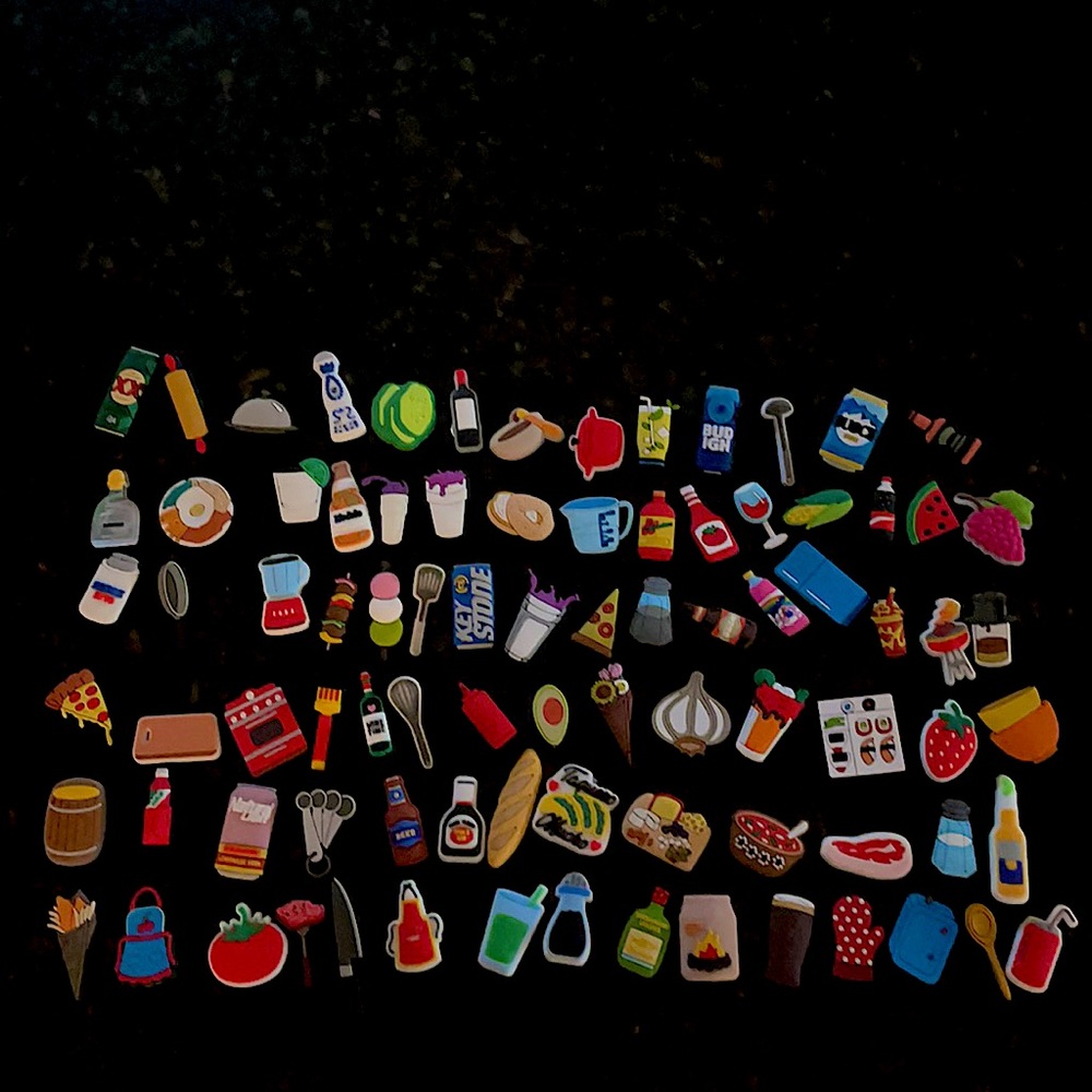 Croc charms and jibitts. There are 85 pieces.